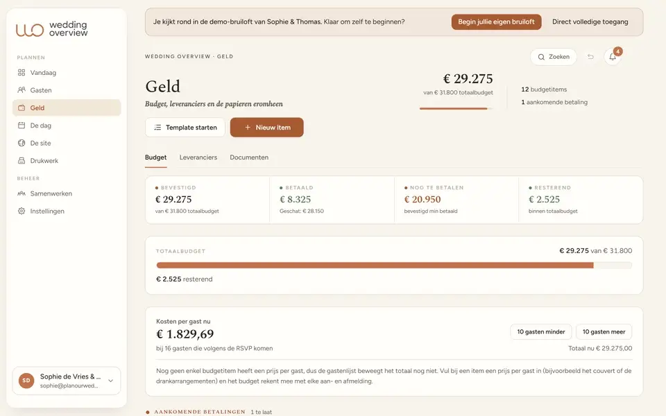 Het budget in Wedding Overview: posten, termijnen, kosten per gast en openstaande betalingen