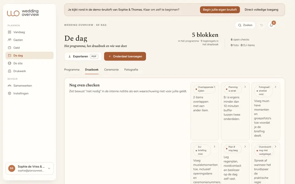 Het draaiboek in Wedding Overview: de trouwdag minuut voor minuut