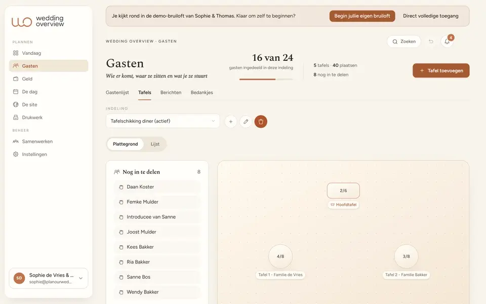 De tafelschikking in Wedding Overview: gasten naar tafels slepen