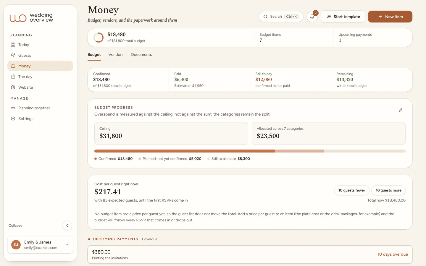 The money overview in Wedding Overview: confirmed, paid and still to pay, cost per guest, and one payment that is overdue