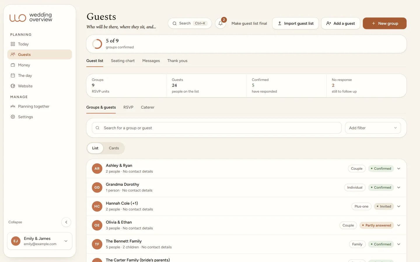 The guest list in Wedding Overview: 9 groups and 24 guests with the RSVP status per group