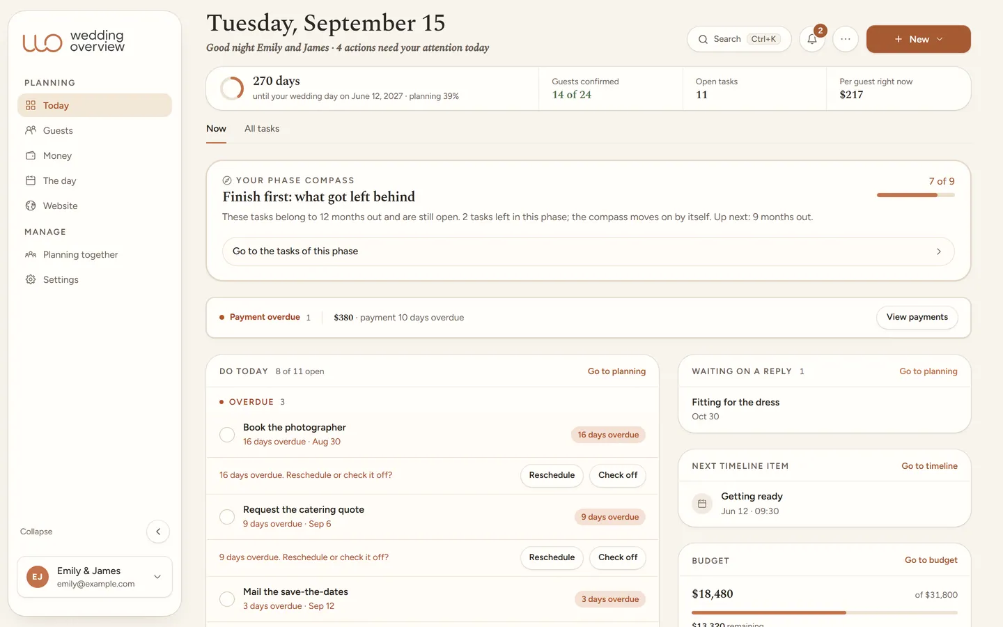 The Today view in Wedding Overview: countdown to the wedding day, tasks that need attention, and the next payment due